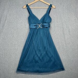 Taboo Dress Womens Medium Teal Rhinestone Buckle Sequin VNeck Babydoll Fairy Y2K